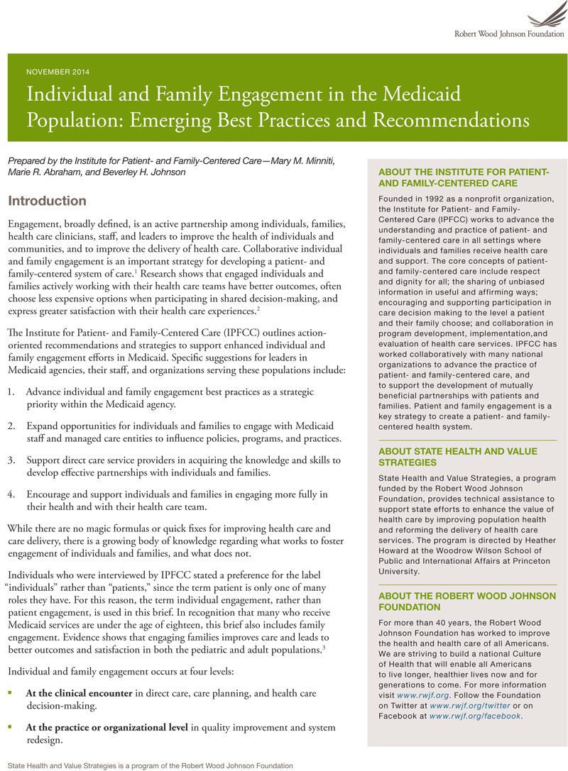Individual and Family Engagement in the Medicaid Population: Emerging Best Practices and Recommendations (2014) cover