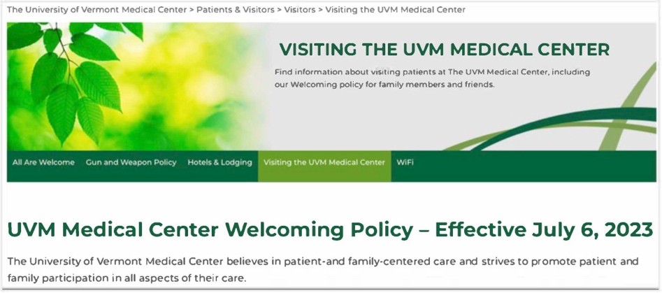 UVM Medical Center Welcoming Policy webpage